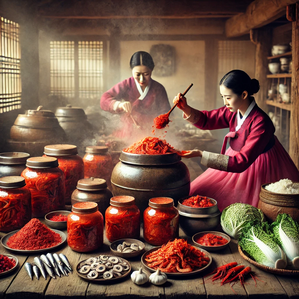 전라도 김장 준비 장면, 해산물과 다양한 양념이 가득한 풍경