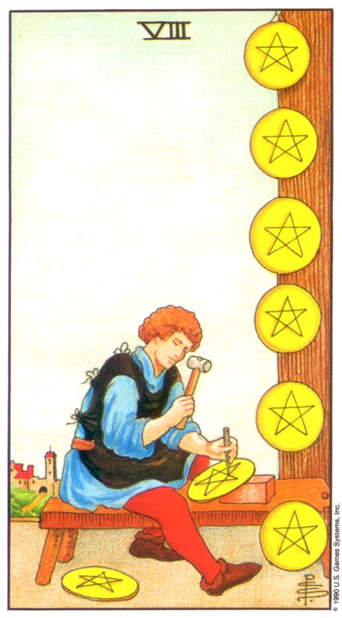  [마이너/펜타클/정방향] Eight of Pentacles (펜타클 8번) 해석/풀이/키워드/정리
