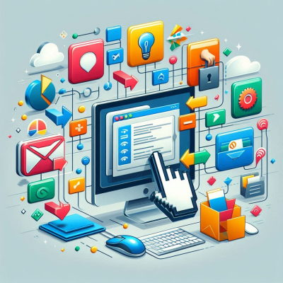 다양한 앱과 아이콘이 연결된 컴퓨터 화면.