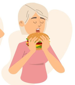 여성이 두손으로 햄버거를 들고 입을 크게 벌려 먹고 있는 그림