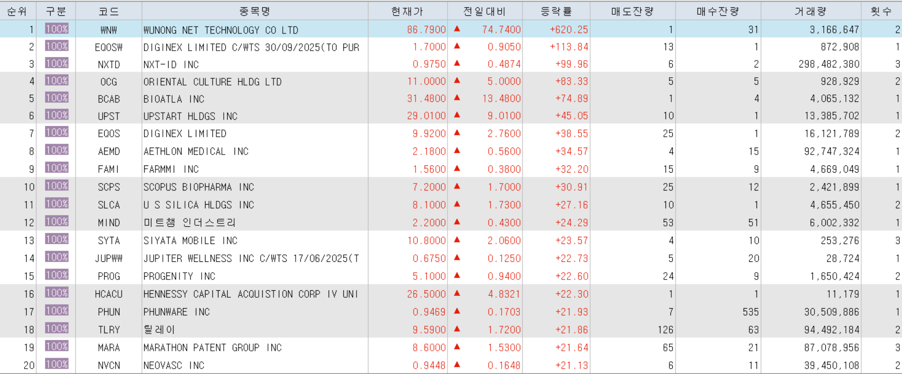  12월16일 미국주식 상승률 상위 종목 TOP 200