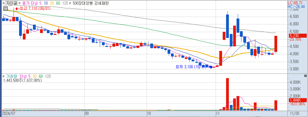 11월 26일 상한가 종목 자이글 일봉 차트