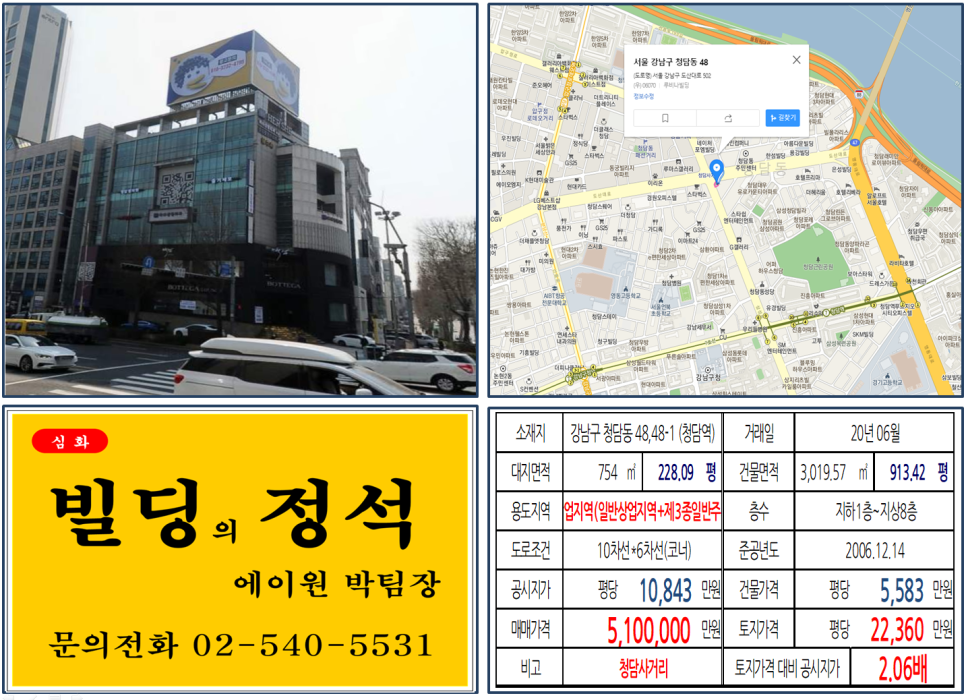  [강남구 청담사거리 코너빌딩 실거래가 조회] 청담동 48,48-1 (청담역) 510억 원, 평당 22,360만 원, 도산대로 코너 빌딩, 횡단보도 앞, 영동대로 개발호재지역