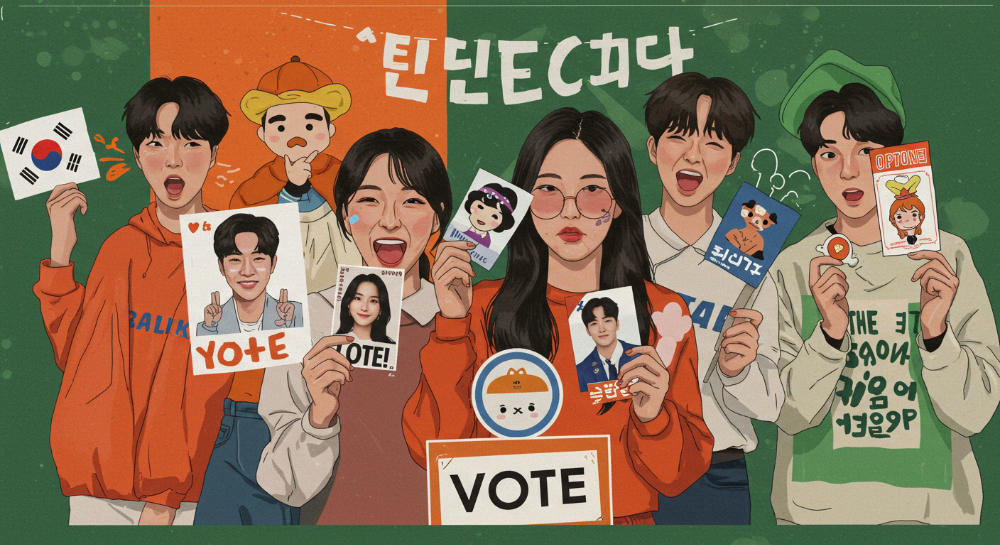2025년 대통령선거에서 MZ세대가 개성 있는 캐릭터와 아이돌 투표 인증 용지를 들고 활기차게 참여하는 모습.