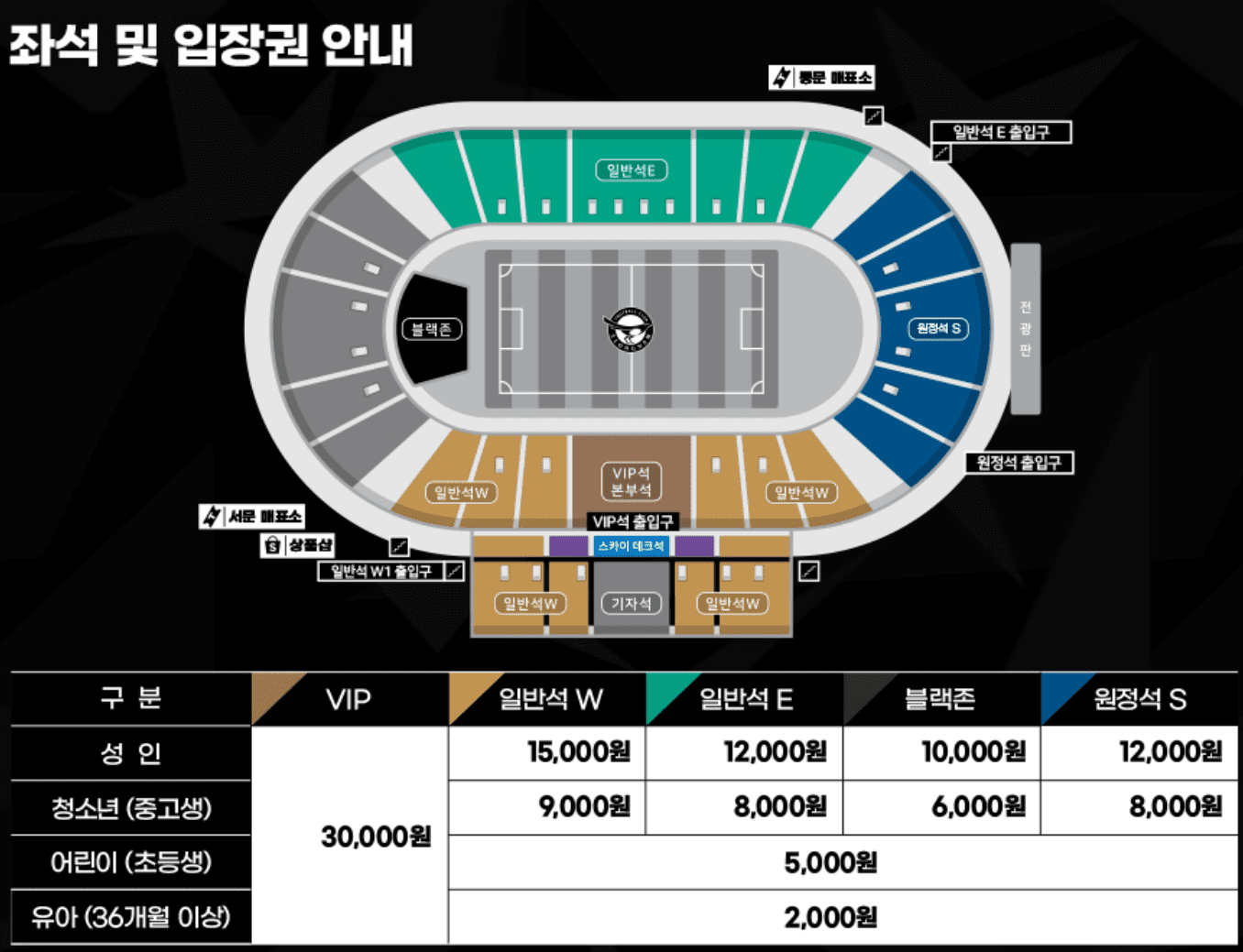 탄천 종합운동장의 좌석과 입장권 안내 사진입니다.