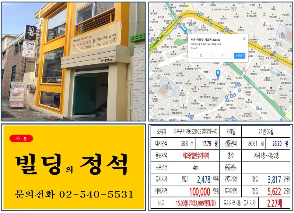  [마포구 경의선책거리 10억 꼬마빌딩 실거래가 조회] 서교동 328-62 (홍대입구역) 10억 원, 평당 5,622만 원 매매되었습니다.
