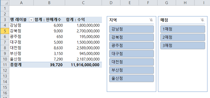 엑셀 슬라이서 완성 화면