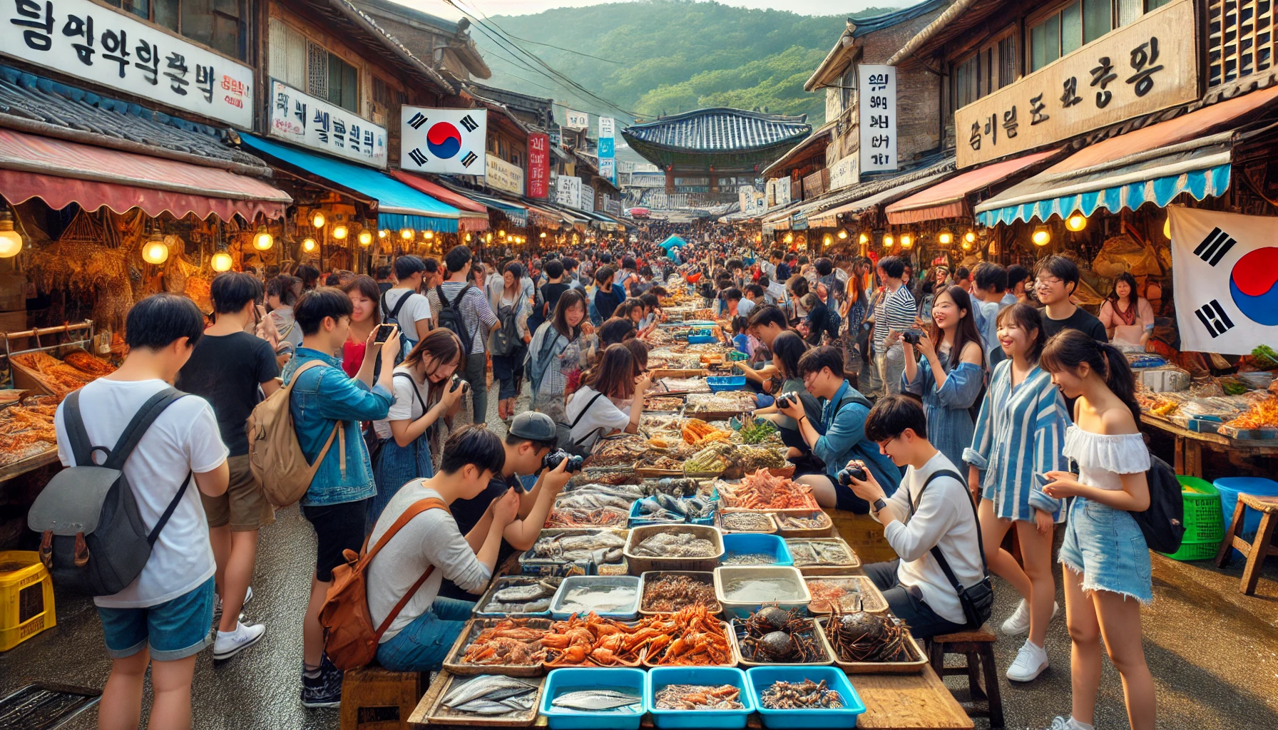 국내 해산물 시장의 모습과 관광객들