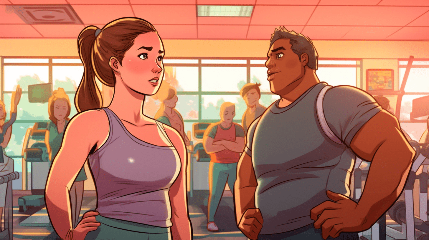 new gym-goer&#44; engaging in a conversation with her personal trainer in a bustling gym.