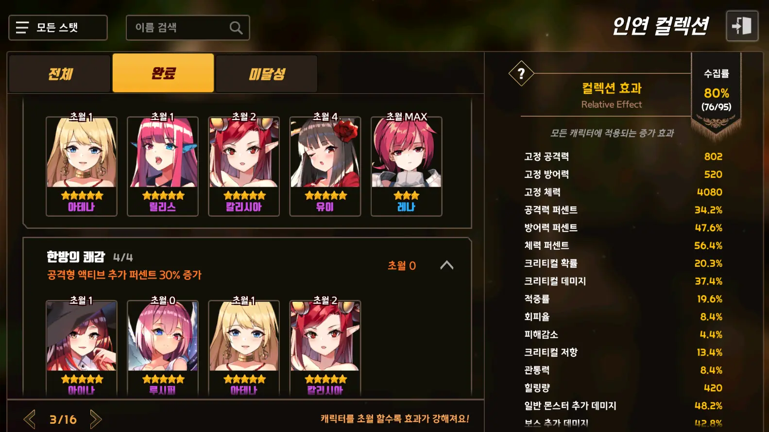 소드 마스터 스토리 인연 컬렉션 '완료'탭