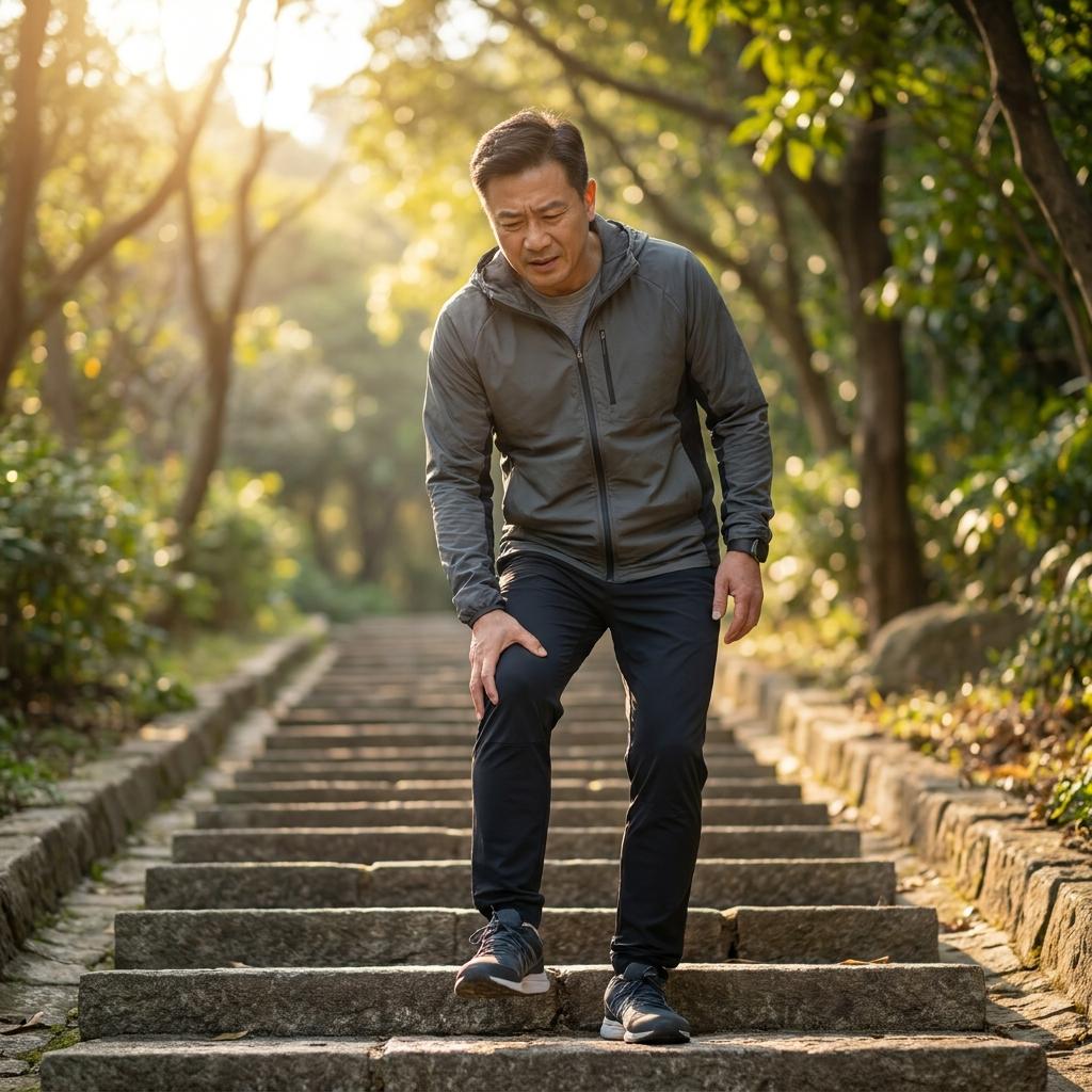"계단을 내려가며 무릎 앞쪽 통증을 느끼는 중장년 등산객 사진"