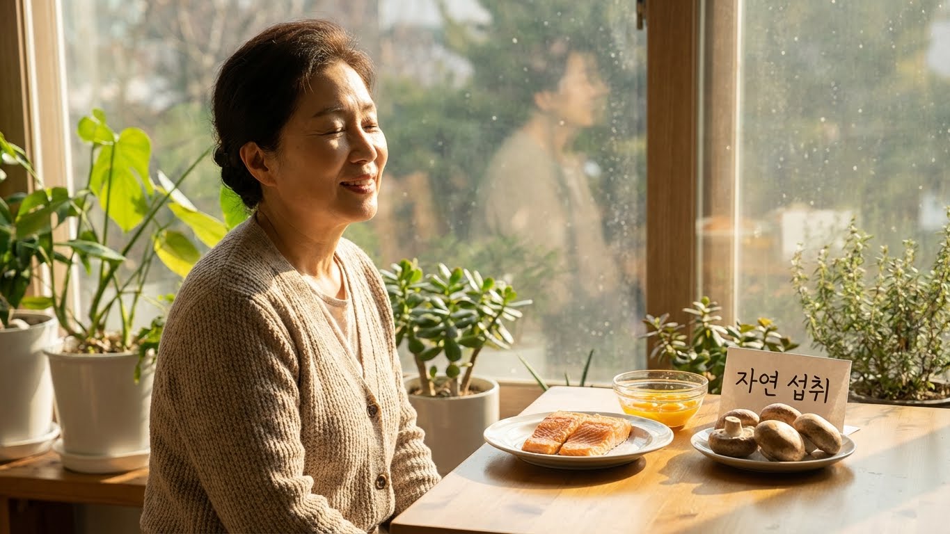 여성이 창가에서 햇빛을 쬐고 있는 모습