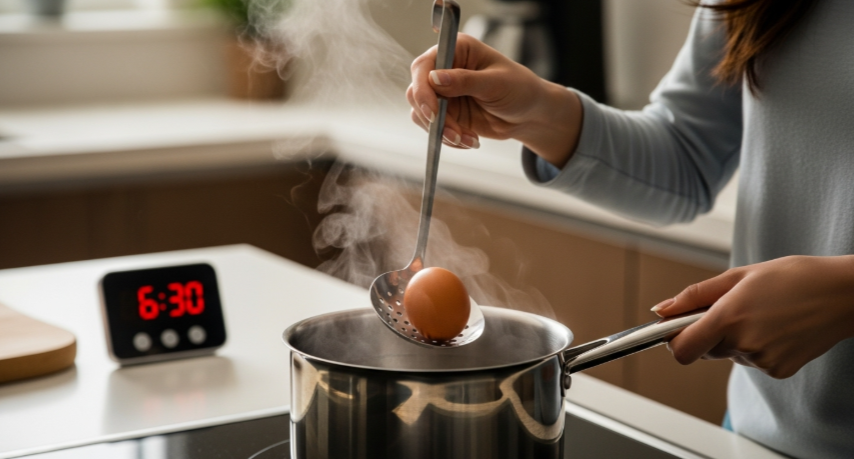 끓는 물에 계란을 넣는 모습과 타이머 정확한 시간 조절 강조
