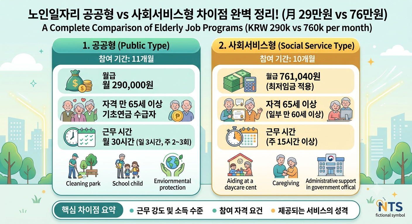 노인일자리 공공형 사회서비스형 차이점, 월 29만원 vs 76만원(월급&middot;자격&middot;시간)