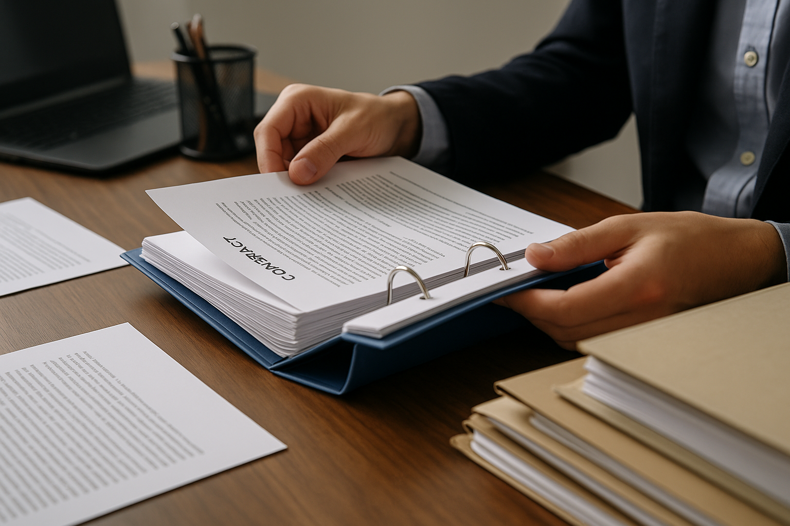 송무팀 직원이 소송 관련 서류를 정리하며 기록과 기일을 관리하는 모습