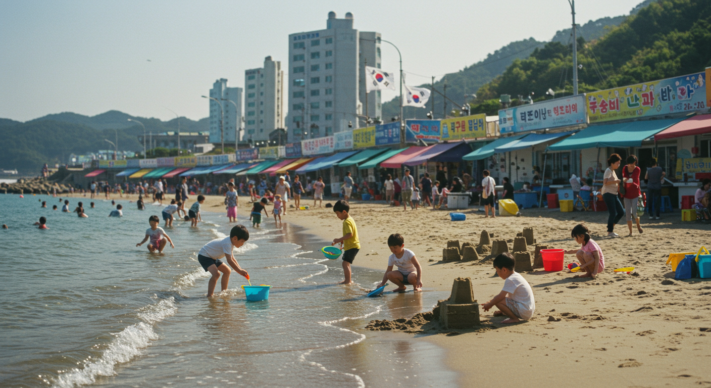 강릉 주문진 해변에서 물놀이하는 아이들과 활기찬 수산시장