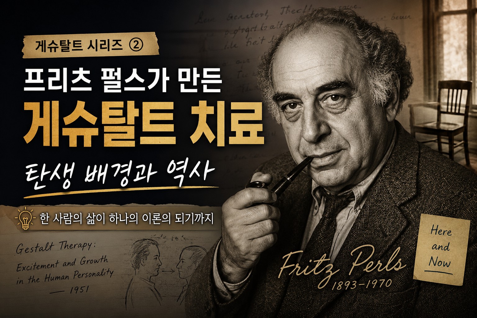 게슈탈트 치료의 창시자 프리츠 펄스와 게슈탈트 치료의 탄생 배경을 표현한 빈티지 스타일 썸네일 이미지