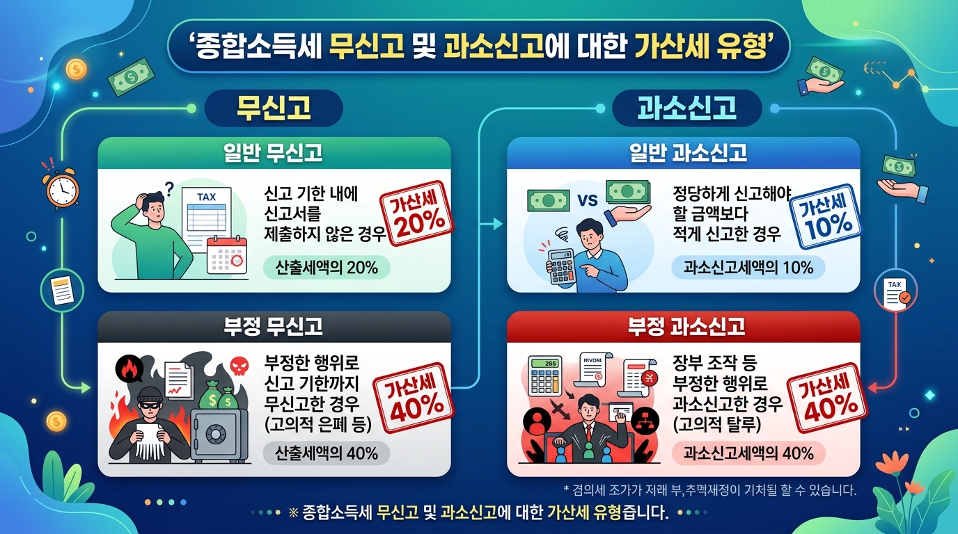 종합소득세 무신고 및 부정신고 시 부과되는 다양한 가산세 종류 인포그래픽