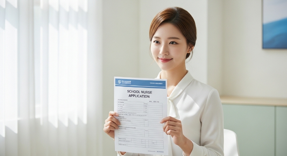보건교사 지원 접수 서류를 들고 있는 장면