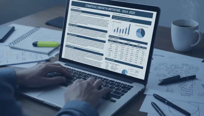 노트북으로 사업계획서를 작성하는 손의 클로즈업. 테이블 위에는 메모와 펜이 놓여있어 세심한 사업 계획 준비 과정을 보여줍니다.