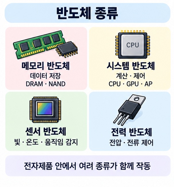메모리 시스템 센서 전력 반도체의 역할을 구분한 인포그래픽