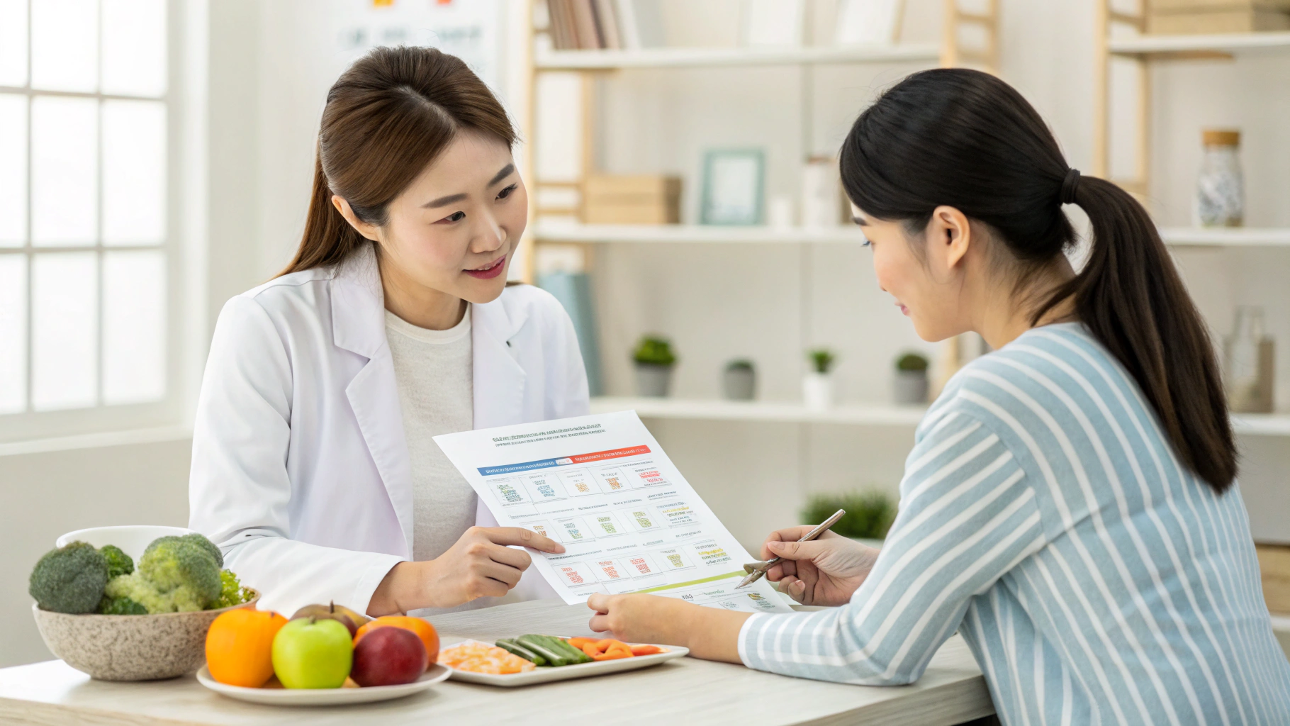 검사 결과를 바탕으로 식단을 조절하는 영양 상담 장면 여성 이미지
