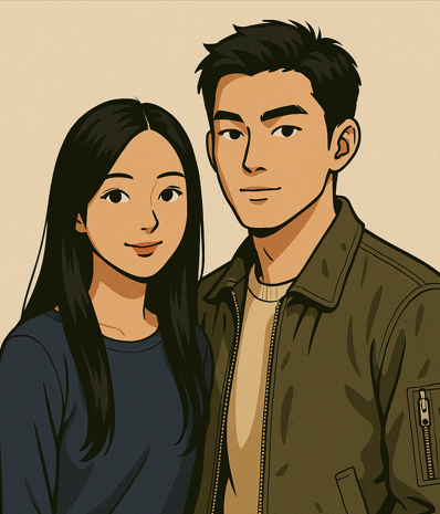 한국 드라마. 젊은 남녀 주인공이 나란히 서있다