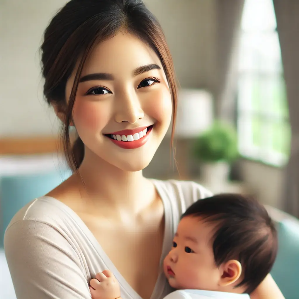 밝은 집 안에서 아기를 안고 미소 짓는 동양인 한부모 여성