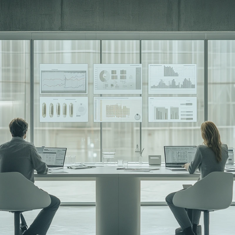 밝은 공간에서 고배당 ETF를 비교하는 애니메이션 그래프가 사용된다. 명확한 시각적 비교가 있는 협업적인 업무 환경이다.