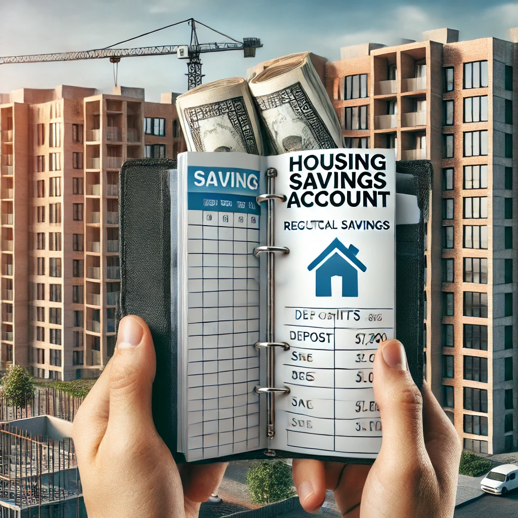 청약 저축 통장을 들고 있는 사람의 클로즈업 이미지. 배경에는 건설 중인 아파트 단지가 있으며, 통장에는 정기적으로 납입된 내역이 표시되어 있습니다. 규칙적인 저축의 중요성을 상징합니다.