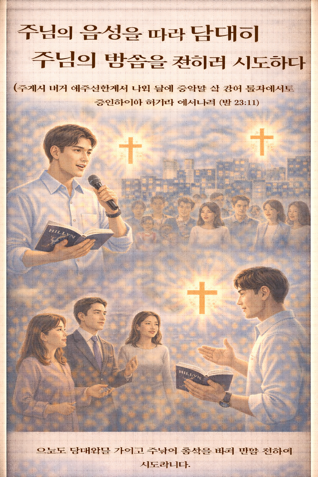 행 23:11 말씀을 보며&amp;#44; 제가 주님의 일을 행하기에 게으르지 않고 특히 용기를 가지고 주의 복음 전하는 것을 지속적으로 행하는 자가 되도록 오늘도 담대함을 가지고 주님의 음성을 따라 말씀 전하는 시도를 하는 모습입니다.