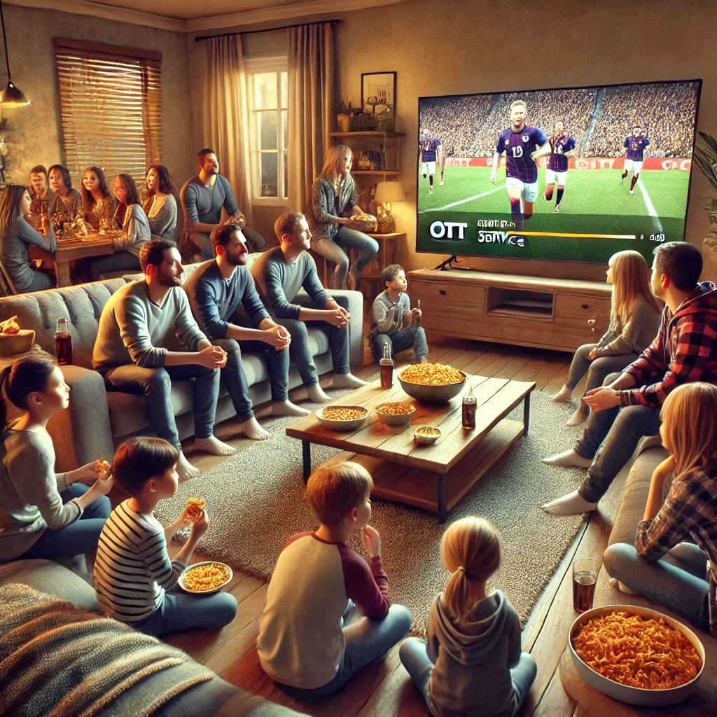 OTT 서비스를 시청하며 소파와 바닥에 앉아 있는 가족과 친구들&amp;#44; 따뜻한 조명 속에서의 장면.