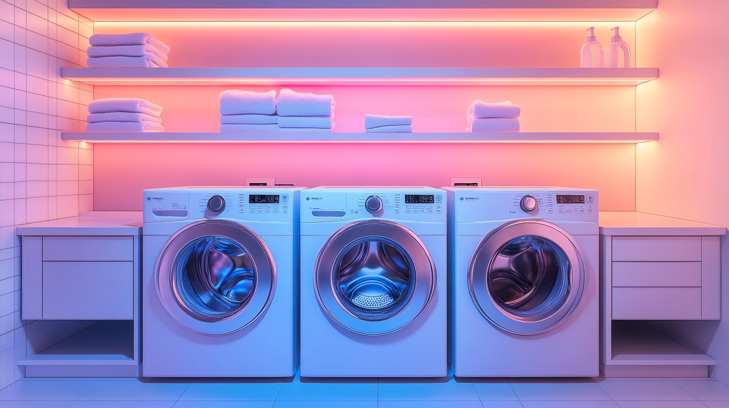 최신 기술이 적용된 세탁기와 건조기가 있는 현대적인 세탁실. 깔끔한 미니멀리즘 디자인과 부드러운 파스텔 조명의 편안한 분위기.