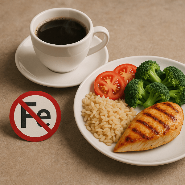 식사 옆에 놓인 커피잔으로 철분 흡수를 방해하는 음료를 표현한 이미지