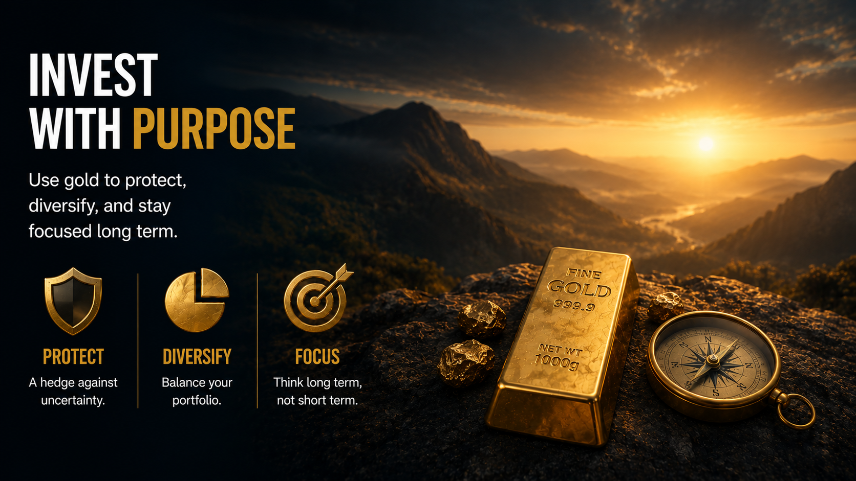 Cinematic illustration of gold representing long-term investing, portfolio diversification, wealth preservation, and financial resilience.