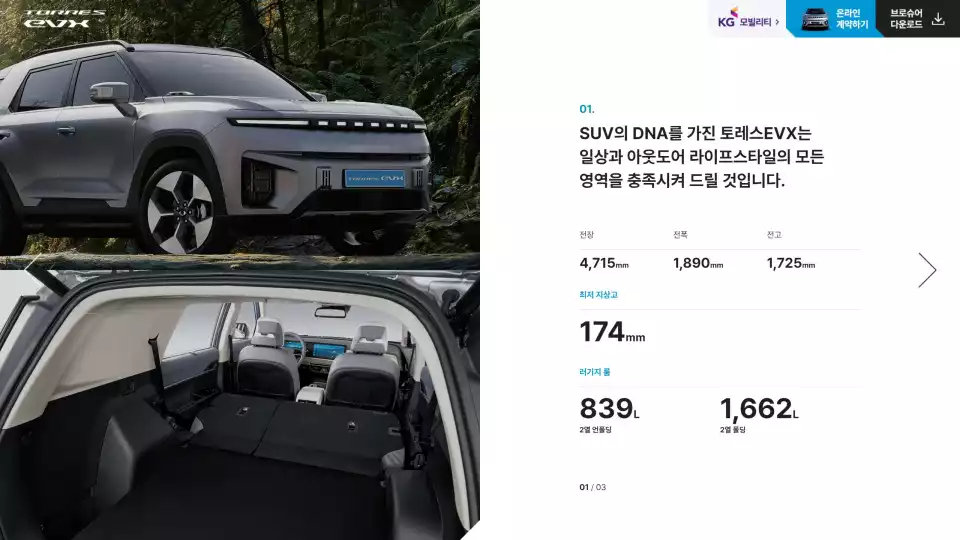 토레스 EVX는 적재 공간, 거주성에서 강점을 띤 전기차입니다(출처 : KG 모빌리티).