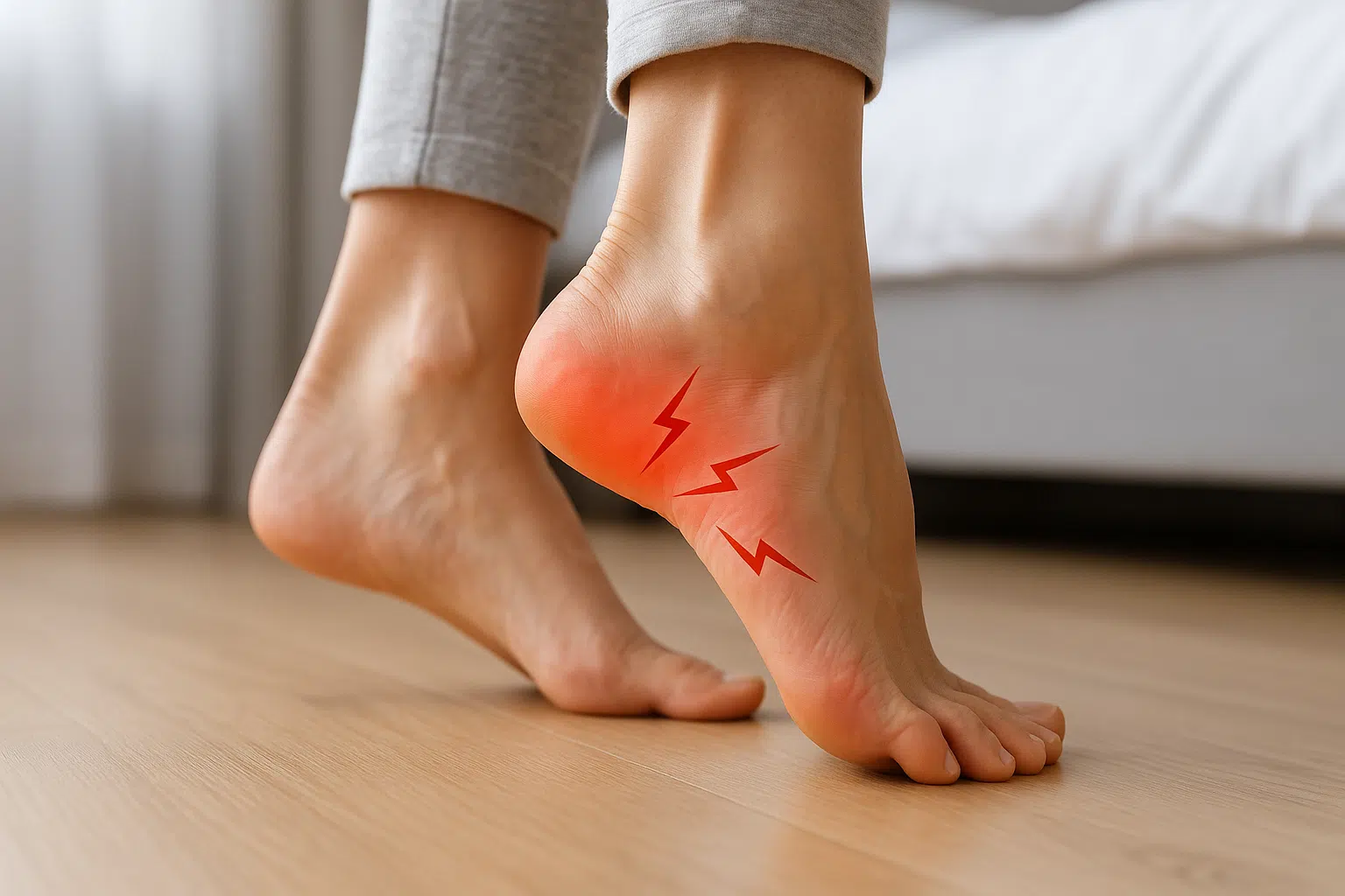 아침 첫걸음을 내딛는 순간 오른쪽 발뒤꿈치에 날카로운 통증을 느끼는 장면
