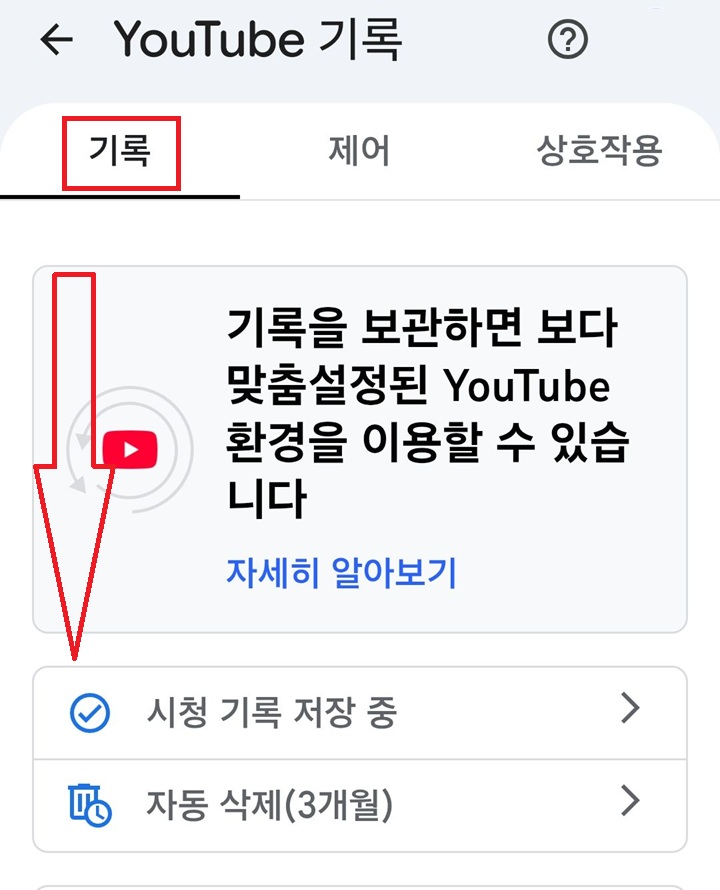 유튜브 기록 페이지에 기록 탭 선택되어있음