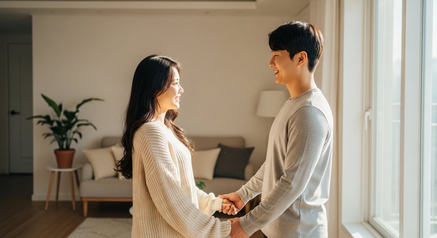 창가에서 손을 잡고 웃으며 대화하는 청년 부부