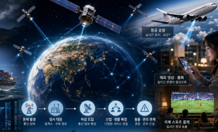 통신 위성이 지구 전역의 네트워크로 연결되며 산업, 중계, 지도 서비스로 이어지는 장면