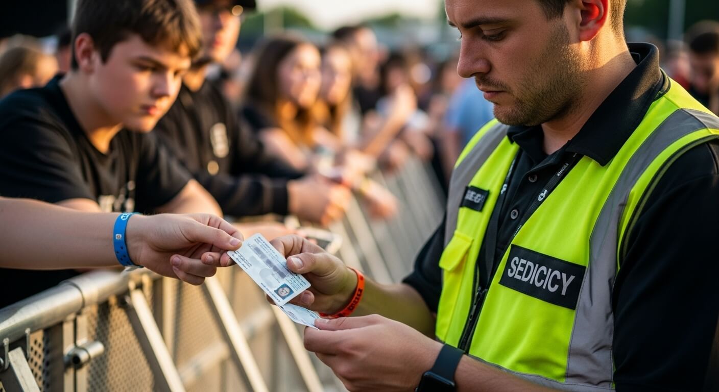 보안요원이 신분증과 티켓을 대조하며 확인하는 입장 절차 장면