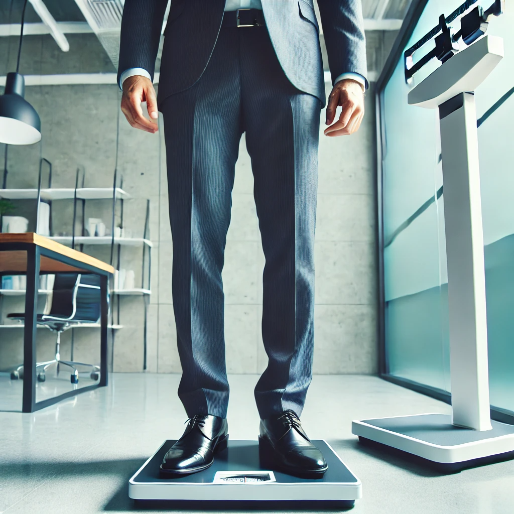 건강 검진 중 체중계에 올라가 있는 직장인의 모습. 정장을 입고 체중계를 바라보는 모습이 병원에서 촬영됨