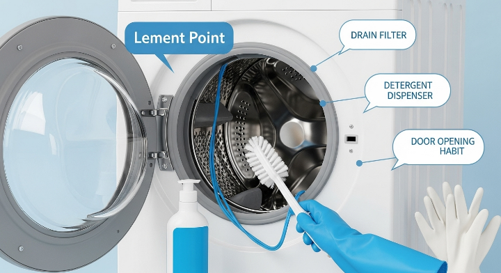 세탁기 문을 열고 고무패킹 내부를 청소하는 모습. 옆에는 세탁조 클리너와 고무장갑이 놓여 있음.