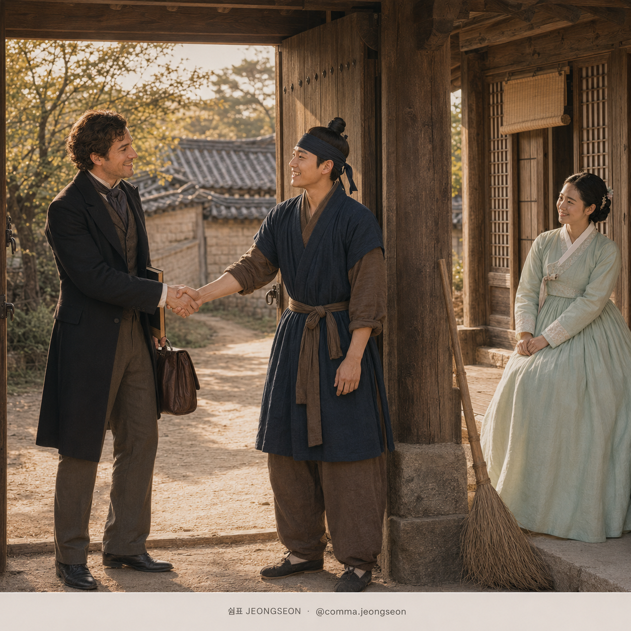 늦은 오후 한옥 대문 앞에서 윤겸이 외국인 영어 선생과 악수하며 환하게 웃고, 마님이 툇마루에서 따뜻한 시선으로 바라보며 열린 문 너머로 햇빛 비친 길이 이어지는 장면