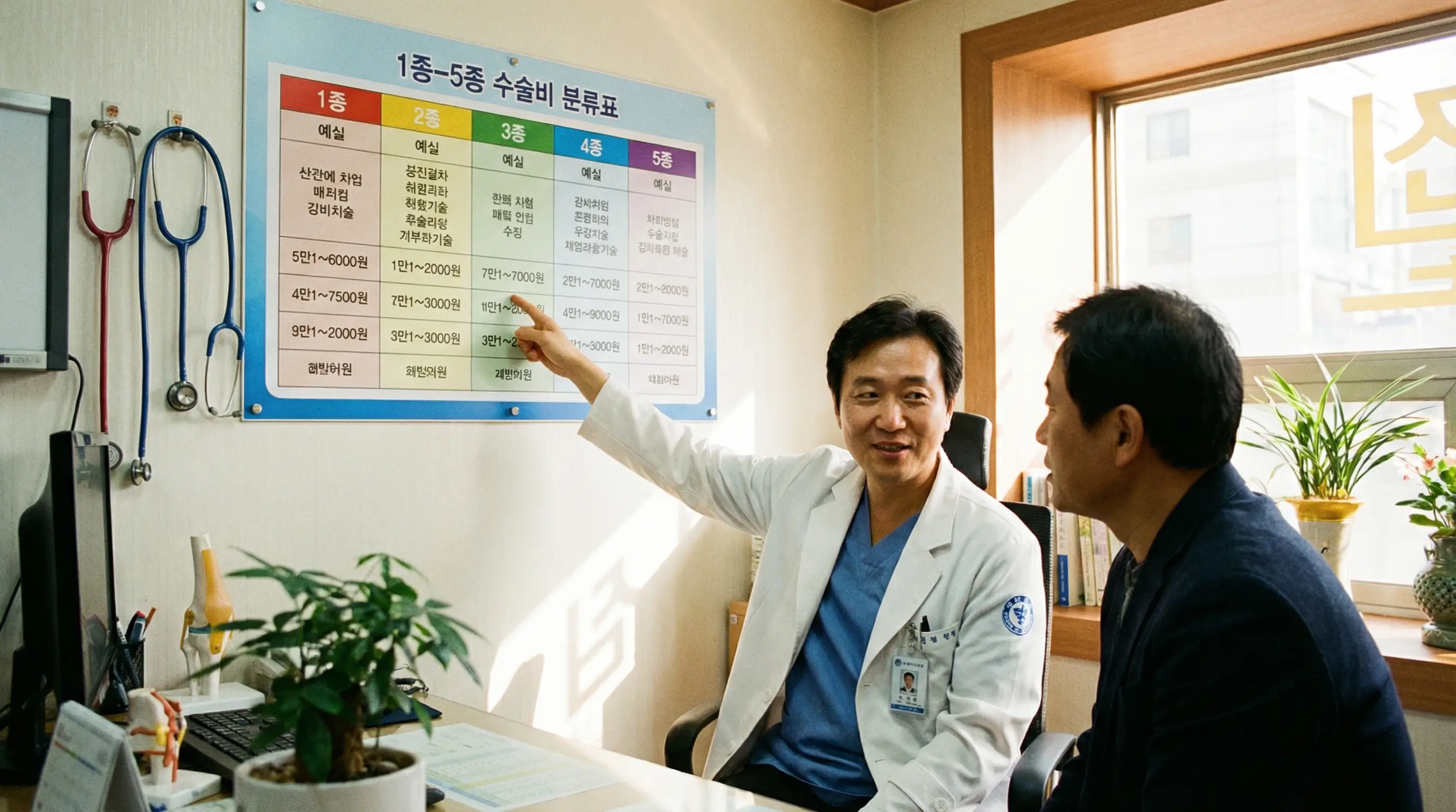 의사가 환자에게 1종부터 5종까지 수술비 분류표 차트를 보여주며 설명하는 장면