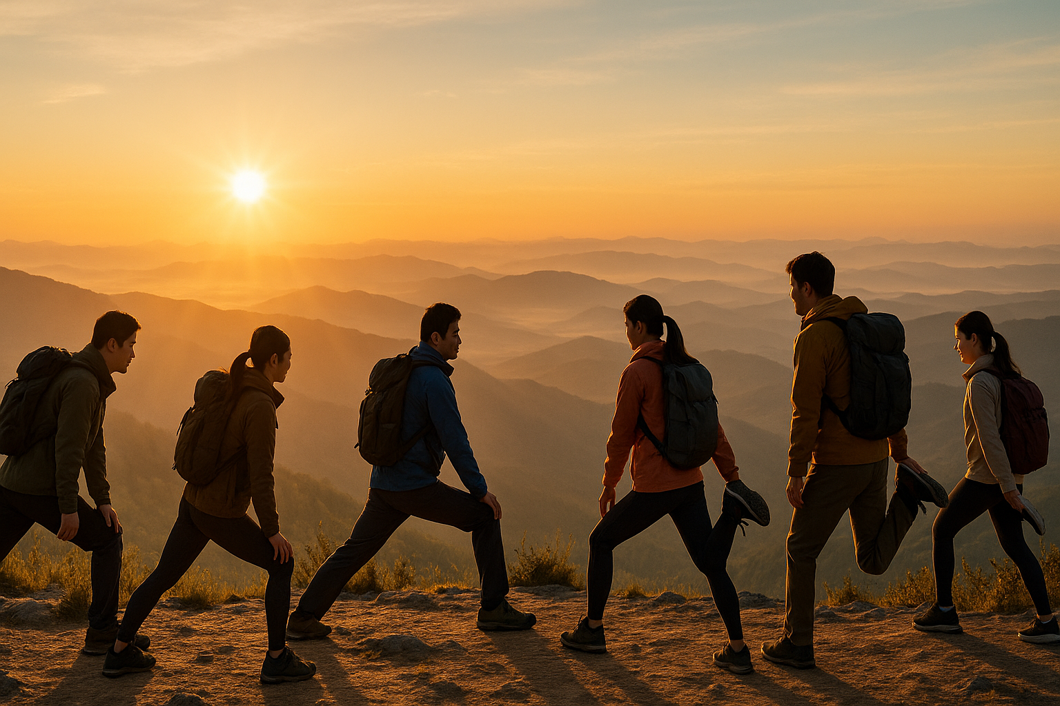 산 정상에서 일출을 바라보며 스트레칭