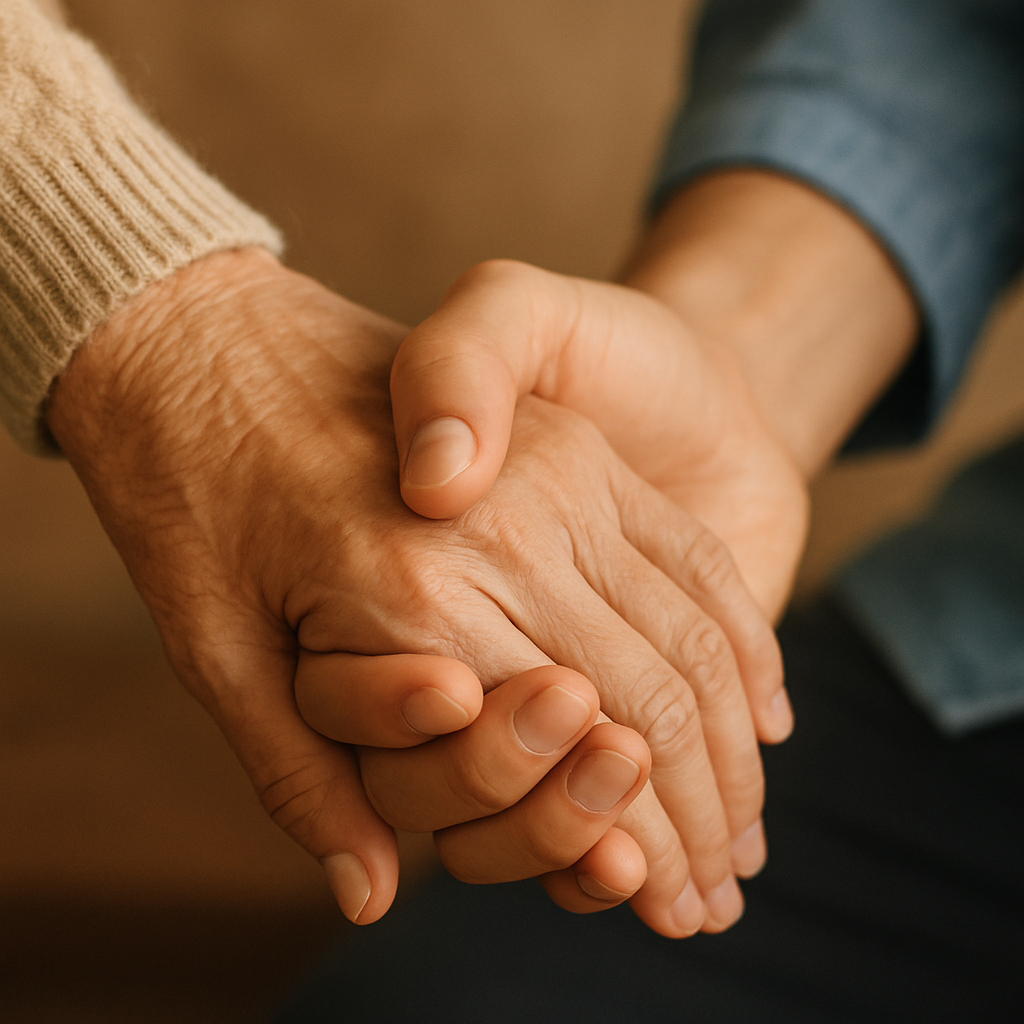 주름진 손과 젊은 손이 따뜻하게 맞잡은 모습, 세대를 초월한 관계의 유대감을 상징
