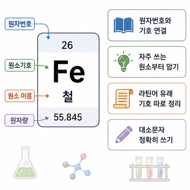 화학 원소기호를 공부할 때 자주 사용하는 원소부터 외우고 원자번호와 기호, 이름을 하나의 학습카드처럼 연결해 익히는 방법을 보여 주는 그림