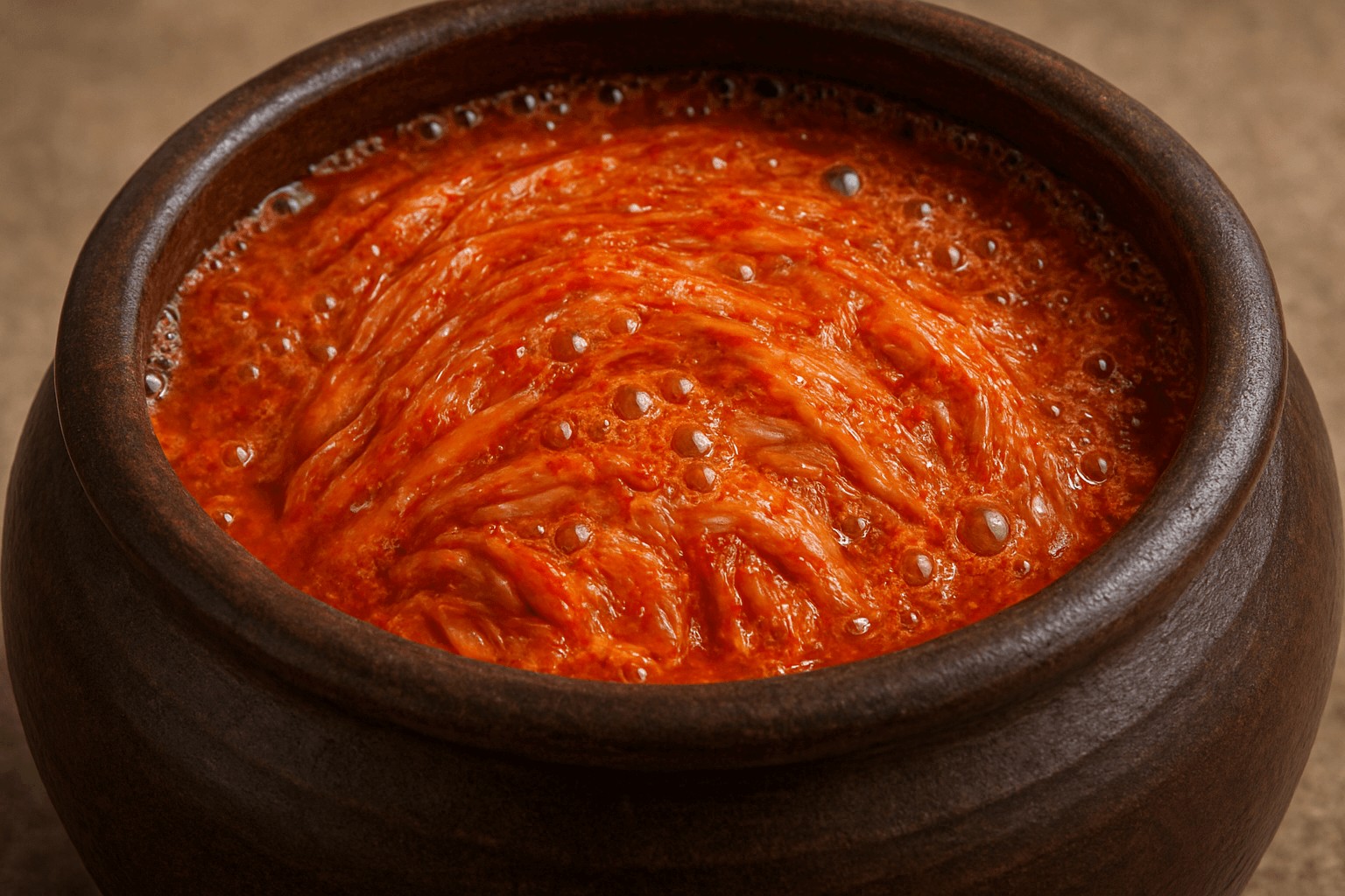 항아리 안에서 김치 위로 기포가 오르면서 발효되는 모습.