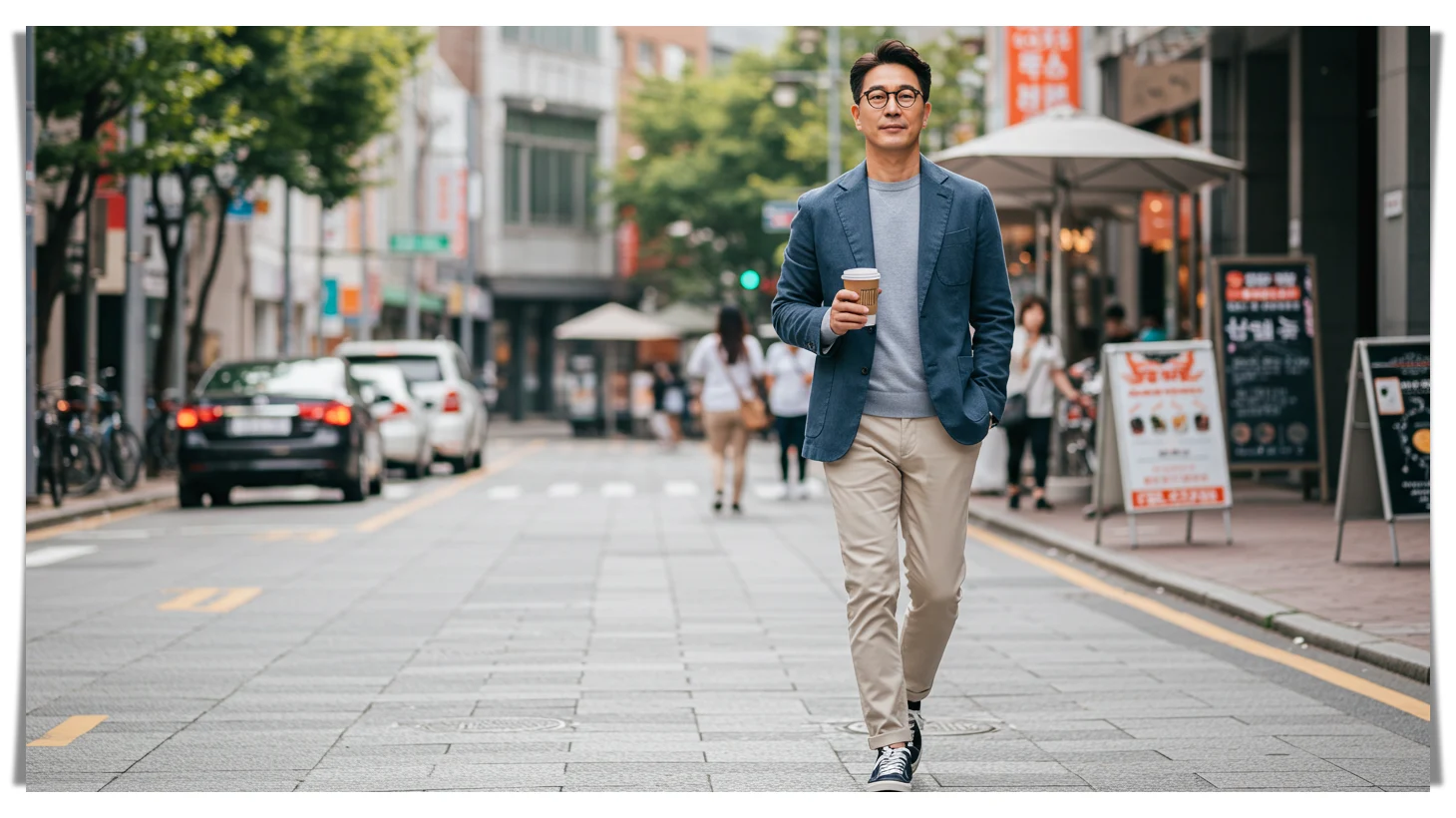 중년 남성이 거리에서 커피를 들고 가는 모습